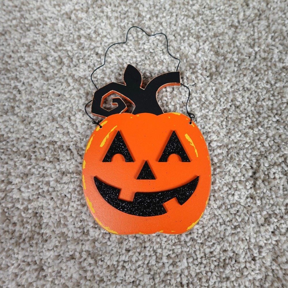 Adams & Co Wooden Pumpkin Jack O Lantern Halloween Ornament Orange Black 58253